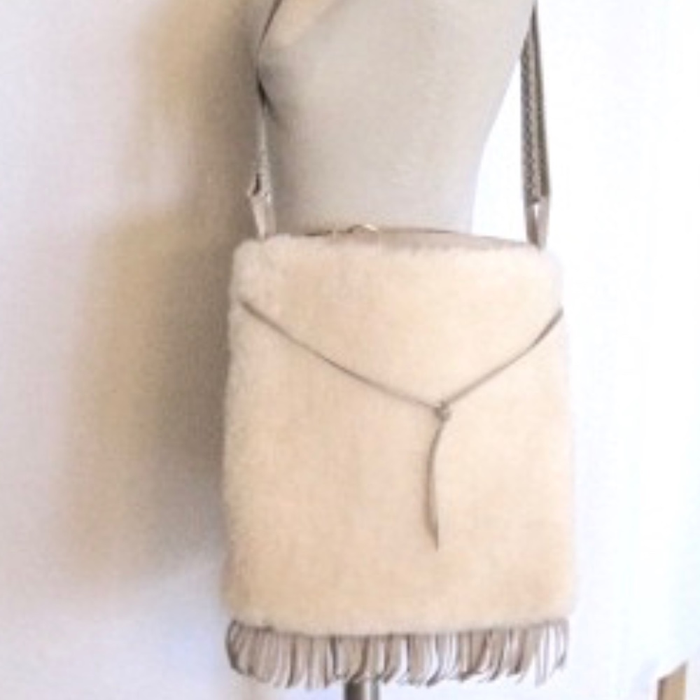 Canterbury Sheepskin/Suede Cream Crossbody Bag Fringe Embroidered Trim NWOT